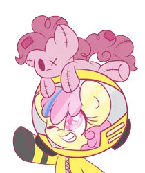 Size: 1665x1981 | Tagged: safe, artist:starlightlore, derpibooru import, pinkie pie, oc, oc:puppysmiles, unofficial characters only, earth pony, pony, fallout equestria, fallout equestria: pink eyes, fanfic, fallout, fanfic art, female, filly, foal, hazmat suit, hooves, ministry mares, one eye closed, plushie, simple background, smiling, solo, teeth, toy, transparent background