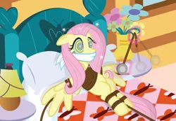 Size: 1024x708 | Tagged: suggestive, artist:radiantrealm, derpibooru import, fluttershy, pegasus, pony, bed, bondage, bound wings, cloth gag, femsub, fluttersub, gag, hypnosis, image, jpeg, kaa eyes, levitation, pendulum swing, rope, show accurate, show accurate porn, submissive, swirly eyes, tied down, watch