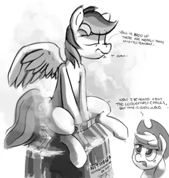 Size: 2000x2099 | Tagged: suggestive, artist:dimfann, derpibooru import, applejack, rainbow dash, pegasus, pony, dialogue, estrus, eyes closed, female, frown, grayscale, joke, liquid nitrogen, mare, monochrome, open mouth, raised eyebrow, science, sitting, spread wings, this will end in death, this will end in tears, this will end in tears and/or death, this will end in the hospital, vapor, wingboner