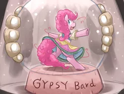 Size: 2377x1800 | Tagged: safe, artist:vavacung, derpibooru import, pinkie pie, pony, friendship is witchcraft, bipedal, clothes, dress, gypsy bard, gypsy pie, music box, music notes, solo