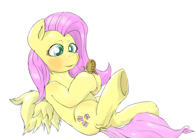 Size: 2024x1433 | Tagged: safe, artist:ushiro no kukan, derpibooru import, fluttershy, butterfly, pixiv, solo, underhoof