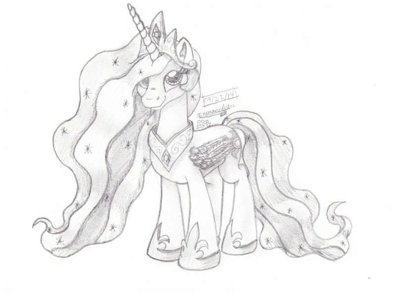 Size: 1023x758 | Tagged: artist:inurantchan, derpibooru import, monochrome, princess celestia, safe, solo, traditional art