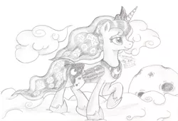 Size: 1024x695 | Tagged: artist:inurantchan, derpibooru import, monochrome, princess luna, safe, solo, traditional art