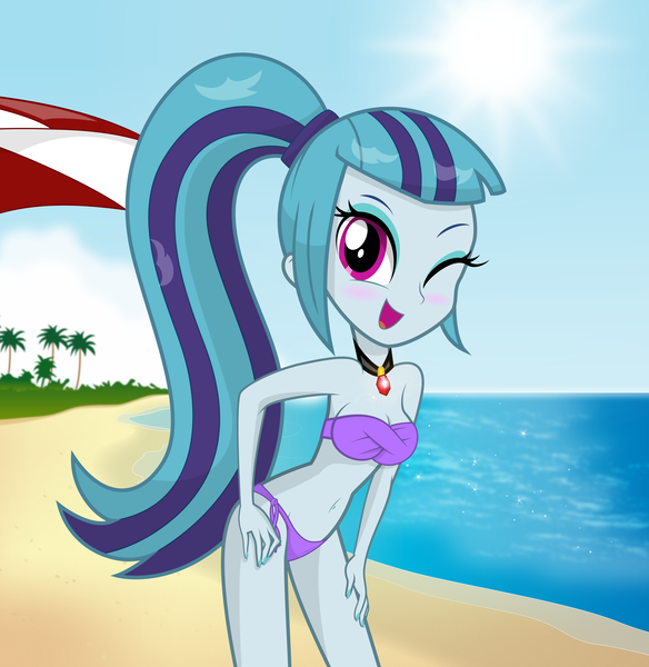 Size: 5734x5889 | Tagged: suggestive, artist:rainbownspeedash, derpibooru import, sonata dusk, equestria girls, rainbow rocks, absurd resolution, bandeau, beach, belly button, bikini, breasts, cleavage, clothes, female, sexy, solo, stupid sexy sonata dusk, swimsuit, twist bandeau, umbrella, wink