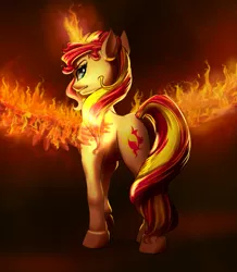 Size: 1747x2000 | Tagged: safe, artist:mykegreywolf, derpibooru import, sunset shimmer, pony, unicorn, artificial wings, augmented, fiery shimmer, fiery wings, fire, looking at you, looking back, magic, magic wings, pyromancy, raised hoof, smirk, solo, sunset phoenix, wings