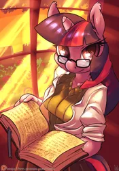 Size: 1050x1500 | Tagged: anthro, artist:atryl, book, breasts, busty twilight sparkle, clothes, derpibooru import, female, glasses, lab coat, patreon, safe, solo, sweater, twilight sparkle