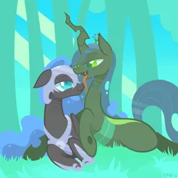 Size: 3516x3516 | Tagged: safe, artist:b-epon, derpibooru import, nightmare moon, queen chrysalis, alicorn, pony, bedroom eyes, chrysmoon, cuddling, female, floppy ears, grass, hug, lesbian, licking, looking at each other, mare, open mouth, prone, shipping, smiling, snuggling, tongue out