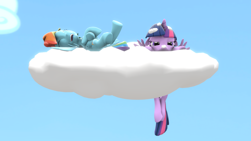 Size: 1280x720 | Tagged: safe, artist:fruitymilk, derpibooru import, rainbow dash, twilight sparkle, twilight sparkle (alicorn), alicorn, pony, 3d, cloud, eyes closed, female, frown, laughing, mare, on back, open mouth, prone, sky, smiling, source filmmaker, unamused