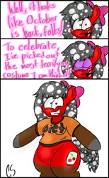 Size: 829x1345 | Tagged: artist:thecherrysodaaskblog, ask, chubby, clothes, costume, derpibooru import, freckles, halloween, hips, nightmare night, oc, oc:cherry soda, october, safe, shirt, shrunken pupils, tumblr, tumblr:thecherrysodaaskblog, unofficial characters only