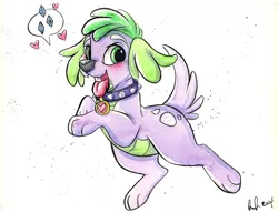 Size: 1104x842 | Tagged: safe, artist:prettypinkpony, derpibooru import, spike, dog, equestria girls, blushing, collar, cute, cutie mark, heart, looking at you, open mouth, smiling, solo, species swap, speech bubble, spike the dog, tongue out, traditional art