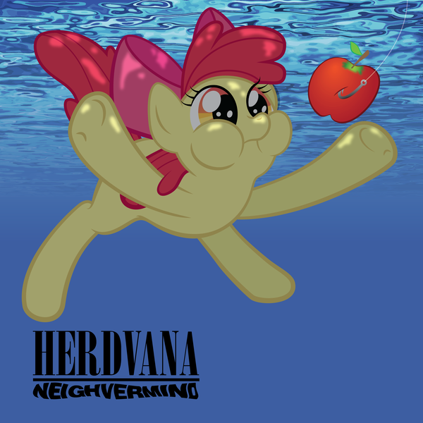 Size: 3845x3845 | Tagged: album cover, apple, apple bloom, artist:qtmarx, derpibooru import, nevermind, nirvana, parody, puffy cheeks, safe, solo, underwater