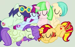 Size: 757x471 | Tagged: safe, artist:imtailsthefoxfan, derpibooru import, blueberry cake, drama letter, mystery mint, starlight, sunset shimmer, tennis match, watermelody, pony, background human, folded wings, patricia water melody, snuggling