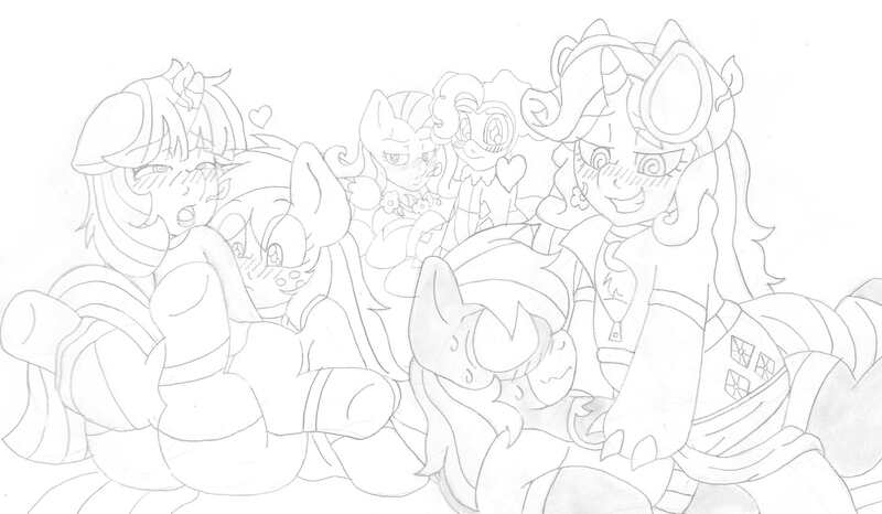 Size: 2340x1362 | Tagged: ahegao, applejack, artist:blackbewhite2k7, batman, catwoman, clothes, commission, derpibooru import, female, fluttershy, harley quinn, lesbian, lois lane, mane six, mind control, monochrome, panties, pinkie pie, poison ivy, questionable, rainbow dash, raridash, rarity, sketch, superman, tribadism, twijack, twilight sparkle, underwear, wip