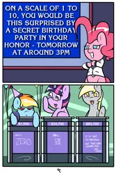 Size: 2000x3000 | Tagged: safe, artist:doggonepony, derpibooru import, derpy hooves, pinkie pie, rainbow dash, twilight sparkle, pegasus, pony, balloon, birthday, comic, female, final jeopardy, game show, glasses, hat, jeopardy, mare, party hat