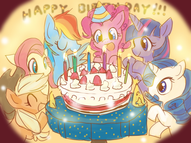 Size: 800x600 | Tagged: applejack, artist:nekoya saki, birthday cake, cake, candle, derpibooru import, fluttershy, hat, mane six, party hat, pinkie pie, pixiv, rainbow dash, rarity, safe, twilight sparkle