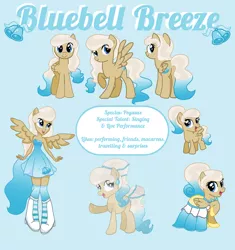 Size: 3060x3250 | Tagged: safe, artist:princess-madeleine, derpibooru import, oc, oc:bluebell breeze, unofficial characters only, crystal pony, pegasus, pony, equestria girls, blue, cutie mark, equestria girls-ified, filly, grand galloping gala, ponied up, reference sheet, smiling, solo