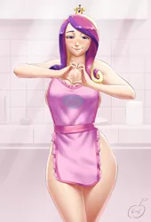 Size: 900x1324 | Tagged: suggestive, artist:lvl, artist:lvlapple, derpibooru import, princess cadance, human, 2014, apron, bedroom eyes, blushing, breasts, busty princess cadance, clothes, crown, female, heart, heart hands, hips, humanized, image, jewelry, jpeg, kitchen, looking at you, naked apron, regalia, seductive look, seductive pose, sexy, sideboob, smiling, solo, solo female, stupid sexy princess cadance, thighs, wedding ring, wide hips