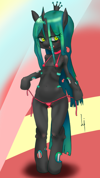 Size: 1580x2797 | Tagged: anthro, armpits, artist:kenoi, belly button, bikini, bone, breasts, clothes, delicious flat chest, derpibooru import, female, pixiv, queen chrysalis, solo, suggestive, swimsuit