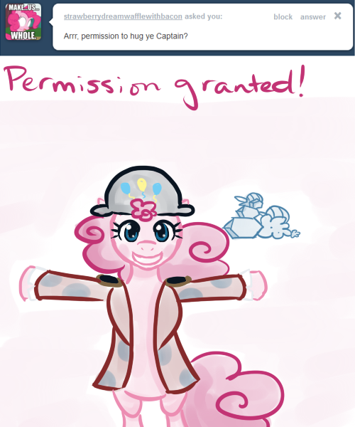 Size: 500x600 | Tagged: safe, artist:alipes, derpibooru import, pinkie pie, rocky, sir lintsalot, pony, ask pinkie pierate, ask, bicorne, bipedal, clothes, hat, pirate, tumblr