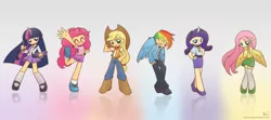 Size: 3375x1500 | Tagged: applejack, artist:howxu, boots, clothes, cutie mark, derpibooru import, fluttershy, horned humanization, human, humanized, jacket, jeans, kneesocks, mane six, mary janes, midriff, miniskirt, necktie, pinkie pie, rainbow dash, rarity, safe, shirt, shoes, shorts, skirt, socks, sweater, sweatershy, thigh highs, t-shirt, twilight sparkle, vest, winged humanization