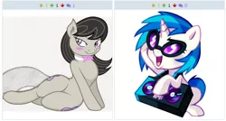 Size: 516x276 | Tagged: safe, derpibooru import, octavia melody, vinyl scratch, derpibooru, exploitable meme, female, juxtaposition, juxtaposition win, lesbian, meme, meta, scratchtavia, shipping