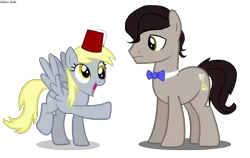 Size: 1500x950 | Tagged: safe, artist:asika-aida, derpibooru import, derpy hooves, doctor whooves, time turner, pegasus, pony, double rainboom puppet, eleventh doctor, female, fez, hat, mare, raised hoof, simple background, spread wings, transparent background