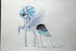 Size: 5184x3456 | Tagged: absurd resolution, alternate hairstyle, artist:ablm, clothes, derpibooru import, dress, princess luna, raised hoof, safe, solo, spread wings, traditional art