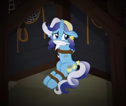 Size: 1024x862 | Tagged: semi-grimdark, artist:radiantrealm, derpibooru import, minuette, pony, unicorn, bondage, bruised, cloth gag, damsel in distress, female, gag, mare, rope, show accurate, tied up