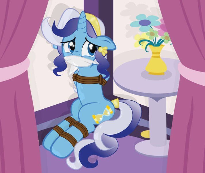 Size: 1024x862 | Tagged: alternate hairstyle, artist:radiantrealm, bondage, cloth gag, derpibooru import, gag, minuette, rope, show accurate, show accurate porn, suggestive
