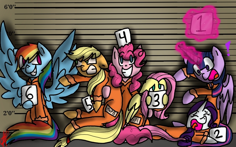 Size: 1280x800 | Tagged: safe, artist:potterfreak121, derpibooru import, applejack, fluttershy, pinkie pie, rainbow dash, rarity, twilight sparkle, twilight sparkle (alicorn), alicorn, pony, abuse, clothes, female, glowing horn, mane six, mare, mugshot, prison outfit, prisoner rd, prisoner ts, twilybuse