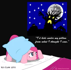 Size: 893x871 | Tagged: safe, artist:ks-claw, derpibooru import, pinkie pie, bed, filly, mare in the moon, moon, night, solo, stars, tree, younger