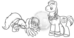 Size: 664x346 | Tagged: safe, artist:karmadash, derpibooru import, big macintosh, rainbow dash, earth pony, pony, alternate hairstyle, bowtie, clothes, fanfic art, flower, headcanon, lineart, male, monochrome, rainbow dash always dresses in style, rainbowmac, shipping, sketch, stallion, straight, suit, wedding, wip