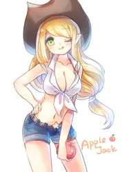 Size: 700x990 | Tagged: suggestive, artist:eminya, derpibooru import, applejack, human, adorasexy, belly button, breasts, busty applejack, cleavage, cute, elf ears, female, front knot midriff, humanized, jackabetes, midriff, one eye closed, pixiv, sexy, solo, solo female, tongue out, wink