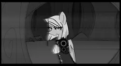 Size: 1100x600 | Tagged: safe, artist:libidon, derpibooru import, ponified, pegasus, pony, ace attorney, clothes, crossover, forest, franziska von karma, grayscale, gun, monochrome, tree