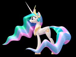 Size: 500x375 | Tagged: safe, artist:2snacks, derpibooru import, princess celestia, alicorn, pony, 3d, 3d model, animated, black background, crown, female, flowing mane, gif, image, jewelry, looking left, loop, mare, perfect loop, princess, profile, regalia, simple background, solo, standing, wip
