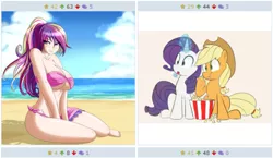 Size: 2133x1233 | Tagged: suggestive, artist:ccoollee, artist:lance, artist:zantyarz, derpibooru import, applejack, princess cadance, rarity, human, derpibooru, beach, bedroom eyes, bikini, breasts, busty princess cadance, cleavage, clothes, cowboy hat, eating, exploitable meme, female, food, hat, humanized, juxtaposition, juxtaposition win, lesbian, levitation, long hair, looking at you, magic, meme, meta, nudity, ocean, open mouth, ponytail, popcorn, rarijack, shipping, side-tie bikini, smiling, solo, solo female, stetson, swimsuit, telekinesis, water