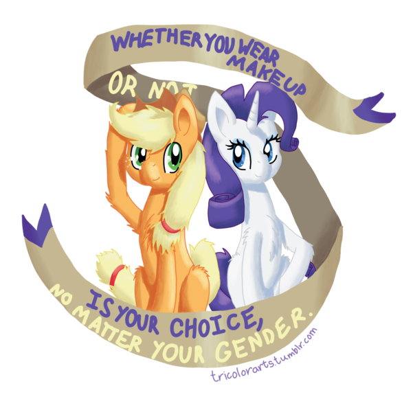 Size: 1280x1313 | Tagged: safe, artist:tricolorarts, derpibooru import, applejack, rarity, feminist ponies, image, makeup, message, mouthpiece, old banner, png, politics, pride, simple background, social justice, subversive kawaii, transgender, transparent background