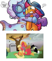 Size: 841x978 | Tagged: safe, derpibooru import, apple bloom, babs seed, big macintosh, granny smith, trixie, earth pony, pony, unicorn, spoiler:comic, spoiler:comic22, accidental death, asphyxiation, comic, crying, dark comedy, death, female, filly, grave, grave meme, gravestone, how babs died, hug, male, mare, meme, stallion