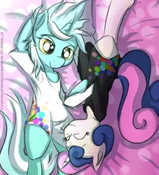 Size: 800x880 | Tagged: safe, artist:cheshiresdesires, derpibooru import, bon bon, lyra heartstrings, sweetie drops, earth pony, pony, unicorn, bed, clothes, eyes closed, female, heart eyes, lesbian, lyrabon, messy mane, shipping, shirt, smiling, wingding eyes