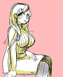 Size: 402x486 | Tagged: artist:susu, blushing, breasts, busty fluttershy, clothes, derpibooru import, female, fluttershy, hairclip, human, humanized, safe, sketch, sleeveless turtleneck, solo, sweater, sweatershy, turtleneck