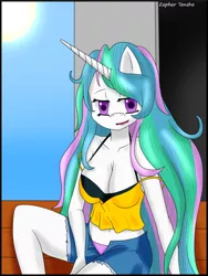 Size: 500x664 | Tagged: suggestive, artist:zepher-tensho, derpibooru import, princess celestia, anthro, belly button, breasts, cleavage, solo