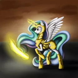 Size: 4500x4500 | Tagged: absurd resolution, armor, artist:endrome, derpibooru import, fanfic art, fanfic:the immortal game, glowing horn, levitation, magic, ponies make war, princess celestia, raised hoof, safe, solo, spread wings, the immortal game, warrior celestia