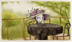 Size: 800x471 | Tagged: artist:hewison, derpibooru import, giant hat, hat, looking away, rarity, restaurant, safe, solo, table, thinking, thoughtful, waiting