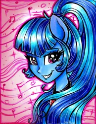 Size: 1696x2190 | Tagged: safe, artist:frostykat13, derpibooru import, sonata dusk, equestria girls, rainbow rocks, eared humanization, grin, looking at you, music notes, ponied up, portrait, smiling, solo, traditional art, wingding eyes