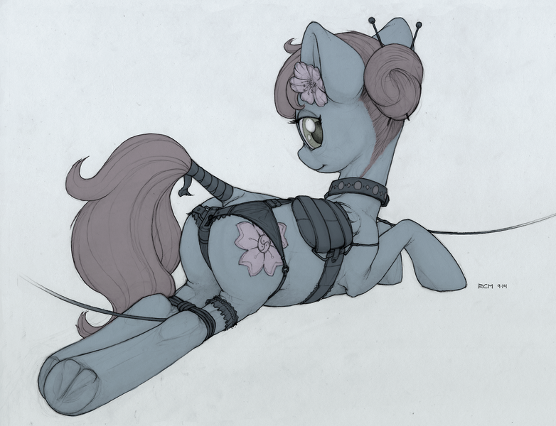 Size: 1280x982 | Tagged: artist:ecmajor, bondage, bound wings, chastity, chastity belt, clothed ponies, collar, derpibooru import, female, flower in hair, garter, hair bun, leash, oc, oc:sureibu, solo, suggestive, tail wrap, underhoof, unofficial characters only