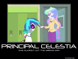 Size: 750x574 | Tagged: safe, derpibooru import, screencap, princess celestia, vinyl scratch, equestria girls, music to my ears, rainbow rocks, book, celestia hate, demotivational poster, equestria girls drama, headphones, meme, principal celestia