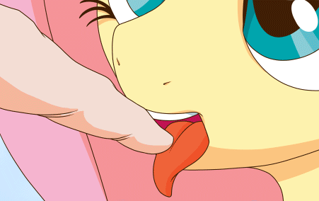 Size: 451x284 | Tagged: questionable, artist:stoic5, derpibooru import, edit, fluttershy, oc, oc:anon, human, pony, animated, bedroom eyes, cute, drool, finger, finger in mouth, finger sucking, hand fetish, horny, human on pony action, implied blowjob, implied oral, implied sex, koe de oshigoto, lewd, licking, looking at you, offscreen character, parody, pov, smiling, sucking, tongue out