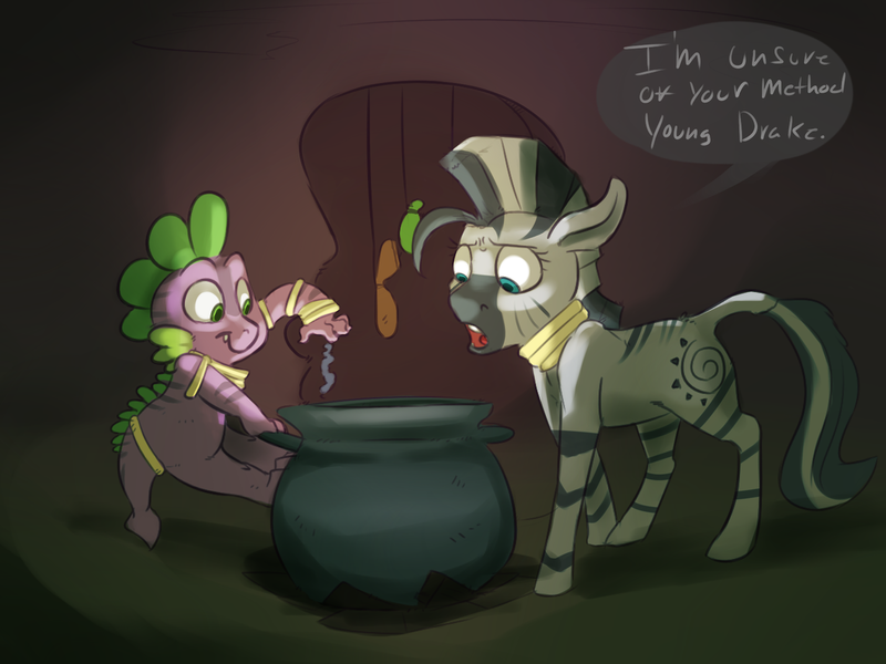 Size: 1280x960 | Tagged: artist:imsokyo, ask, cauldron, daily life of spike, derpibooru import, dialogue, dragon, duo, female, male, mare, open mouth, potion, safe, spike, tumblr, when she doesn't rhyme, zebra, zecora