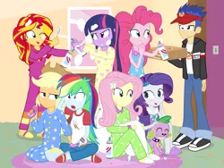 Size: 1440x1080 | Tagged: safe, artist:dm29, derpibooru import, applejack, flash sentry, fluttershy, pinkie pie, rainbow dash, rarity, spike, sunset shimmer, twilight sparkle, twilight sparkle (alicorn), dog, equestria girls, rainbow rocks, blushing, clothes, controller, cute, derp, derp face, footed sleeper, humane seven, jacket, julian yeo is trying to murder us, mane seven, mane six, pajamas, petting, pizza, slippers, slumber party, spike the dog, visor, whipped cream