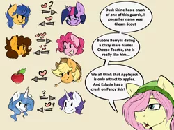 Size: 1280x960 | Tagged: safe, artist:rainbowscreen, derpibooru import, applejack, cheese sandwich, fancypants, flash sentry, fluttershy, pinkie pie, rarity, twilight sparkle, twilight sparkle (alicorn), alicorn, ask the gaylord, :v, applejack (male), bubble berry, butterscotch, cheesepie, dusk shine, elusive, elusiveskirt, fancy skirt, female, flare warden, flashlight, grammar error, grilled cheese (r63), grilledberry, male, prince dusk, raripants, rule 63, shipping, straight, text, that pony sure does love apples